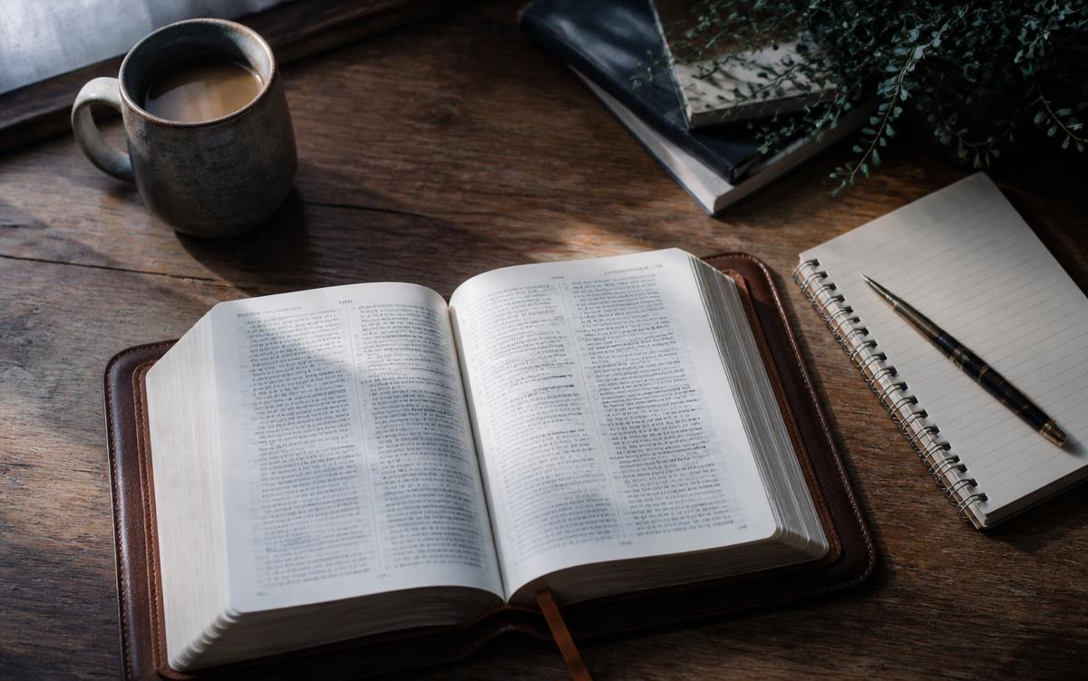 Open Bible and study notes in morning light